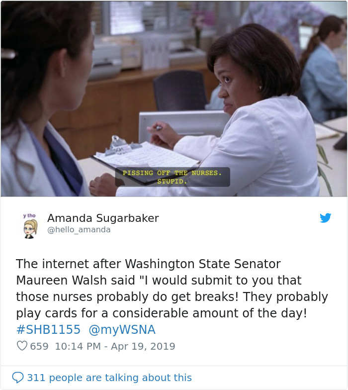 Senator Says Nurses Don’t Need Breaks As They Spend Most Of The Day Playing Cards, Nurses Respond With Sarcastic Pics Senator Says Nurses Don’t Need Breaks As They Spend Most Of The Day Playing Cards, Nurses Respond With Sarcastic Pics