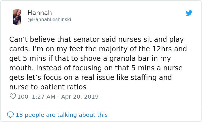 Senator Says Nurses Don’t Need Breaks As They Spend Most Of The Day Playing Cards, Nurses Respond With Sarcastic Pics Senator Says Nurses Don’t Need Breaks As They Spend Most Of The Day Playing Cards, Nurses Respond With Sarcastic Pics