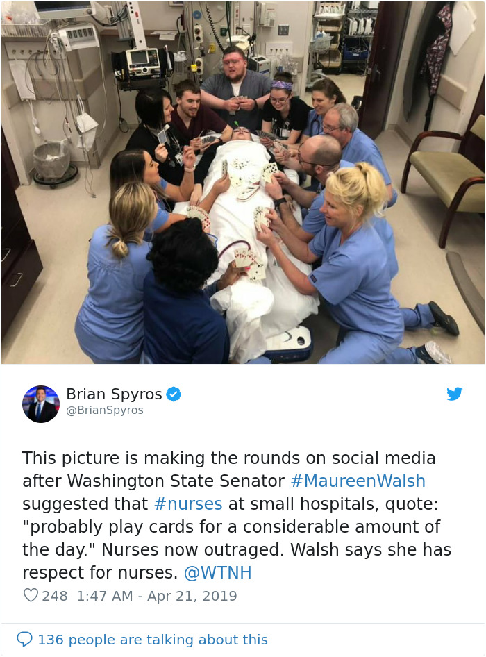 Senator Says Nurses Don’t Need Breaks As They Spend Most Of The Day Playing Cards, Nurses Respond With Sarcastic Pics Senator Says Nurses Don’t Need Breaks As They Spend Most Of The Day Playing Cards, Nurses Respond With Sarcastic Pics