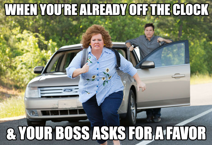 Woman running from a car with a caption about bosses and after-work favors, capturing a funny boss meme idea.
