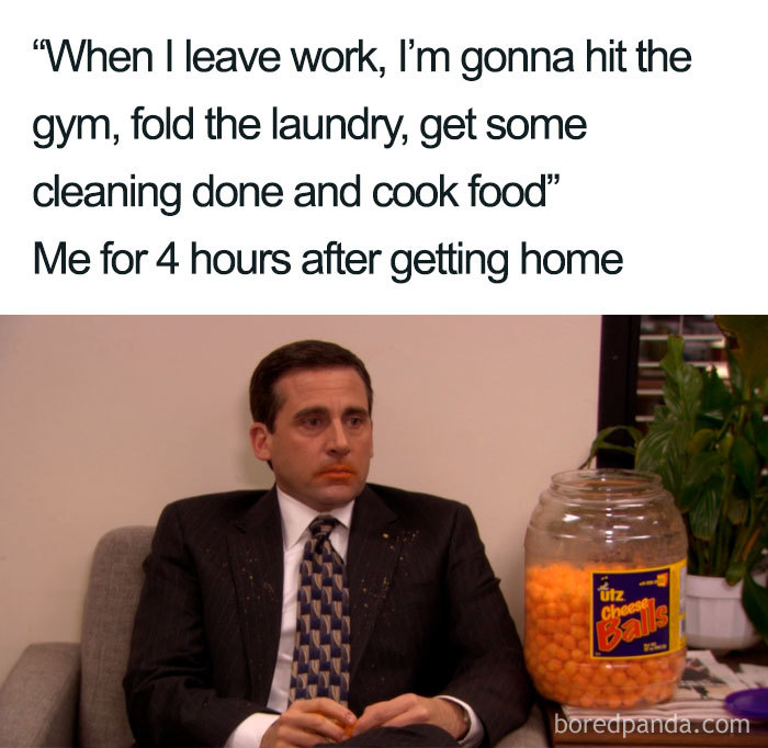 Man sitting on a couch with a jar of cheese balls, looking tired, capturing the humor of cleaning memes.