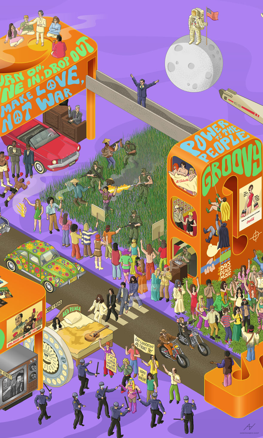 I Draw Illustrations With Symbols Of The 20s, 40s And 60s To Express My Love For Pop-Culture And History I Draw Illustrations With Symbols Of The 20s, 40s And 60s To Express My Love For Pop-Culture And History