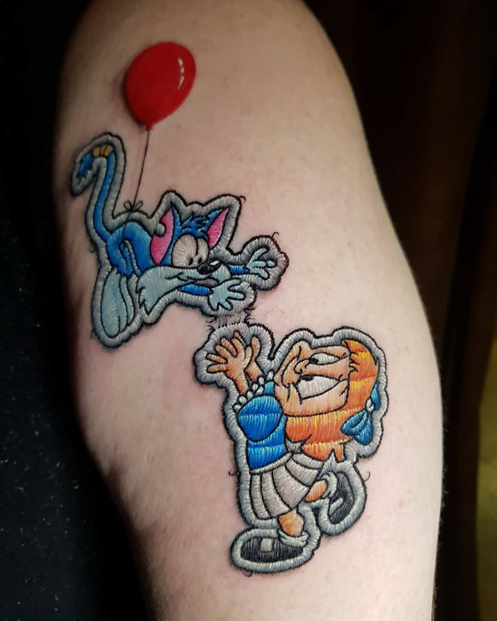 Embroidery tattoo of cartoon characters with a red balloon by Brazilian artist.
