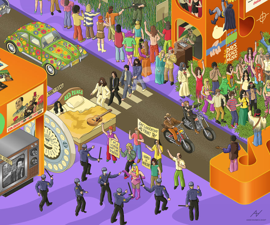 I Draw Illustrations With Symbols Of The 20s, 40s And 60s To Express My Love For Pop-Culture And History I Draw Illustrations With Symbols Of The 20s, 40s And 60s To Express My Love For Pop-Culture And History