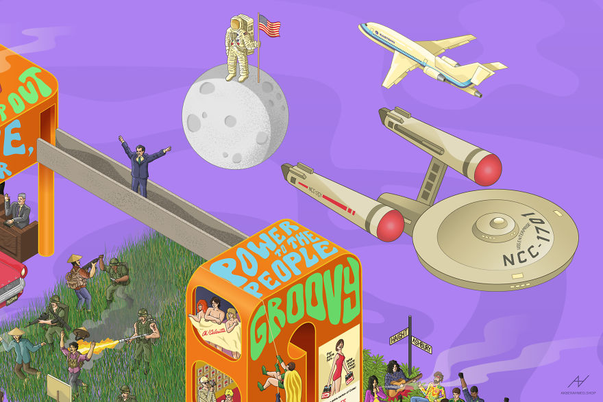 I Draw Illustrations With Symbols Of The 20s, 40s And 60s To Express My Love For Pop-Culture And History I Draw Illustrations With Symbols Of The 20s, 40s And 60s To Express My Love For Pop-Culture And History