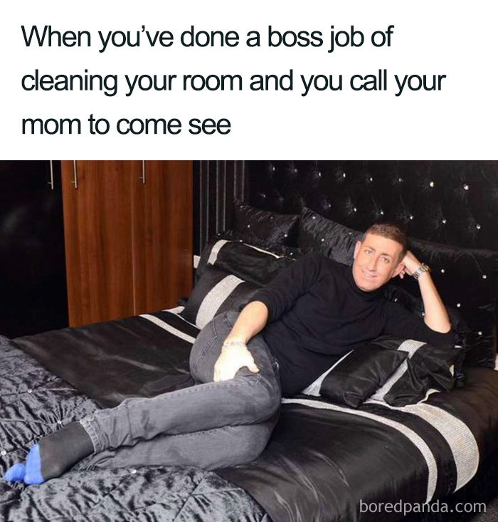 Person lounging on a neatly made bed, humorously showcasing room cleaning with pride.