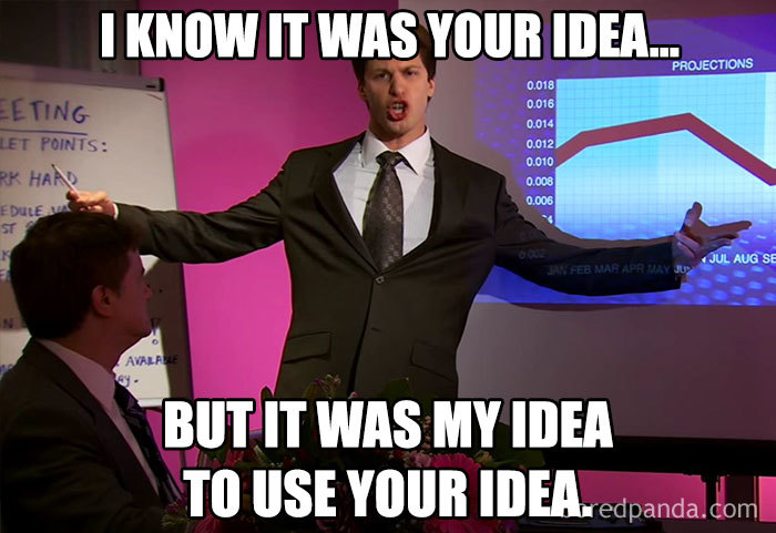 Boss meme featuring a man in a suit pointing at a presentation graph with a humorous text overlay about idea ownership.