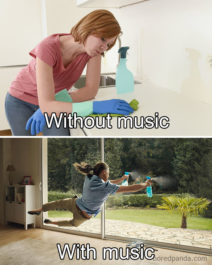 Person cleaning with and without music, illustrating a funny cleaning meme comparison.