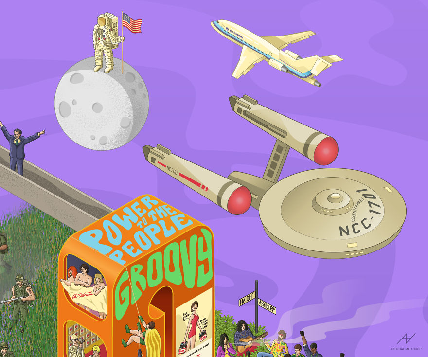 I Draw Illustrations With Symbols Of The 20s, 40s And 60s To Express My Love For Pop-Culture And History I Draw Illustrations With Symbols Of The 20s, 40s And 60s To Express My Love For Pop-Culture And History