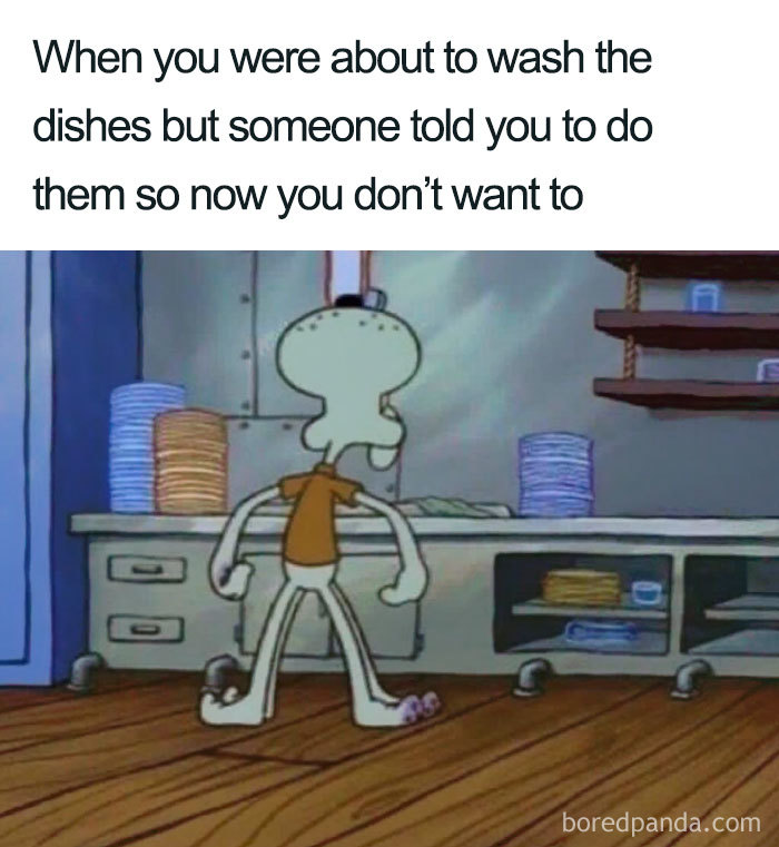 Cartoon character frustrated in front of unwashed dishes, humorously highlighting cleaning memes.
