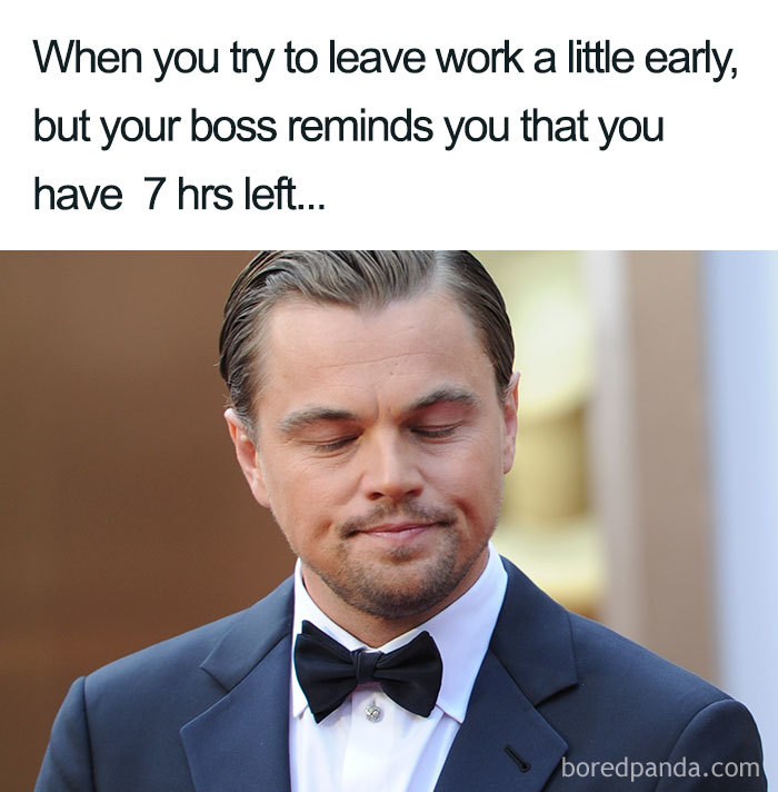 Man in a suit smirking with closed eyes, captioned about boss reminding of work hours; funniest boss meme.