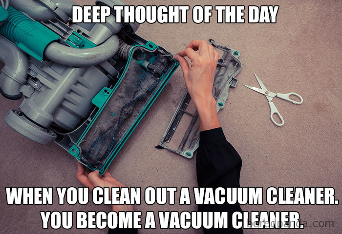 Person cleaning a vacuum cleaner, illustrating a humorous cleaning meme.