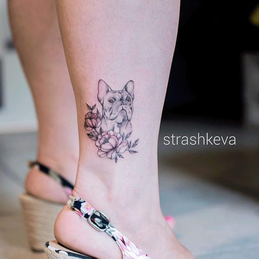Dog and flower tattoo by Lublin, Poland artist on a person's ankle wearing wedge sandals.