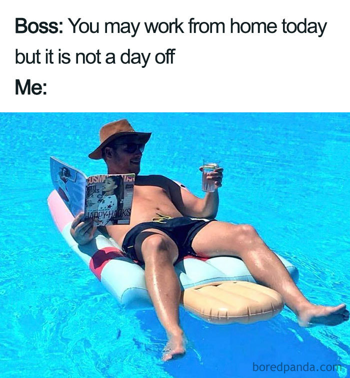 Man relaxing on a pool float with a magazine and drink, capturing a funny boss meme about working from home.