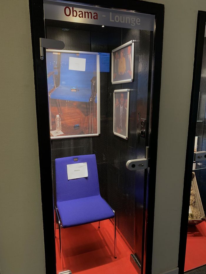 A Hotel Restaurant In Germany Kept The Chair In A Little Room On Which President Obama Was Sitting During A Conference There. Even The Name Tag Is Still Pinned To The Chair...