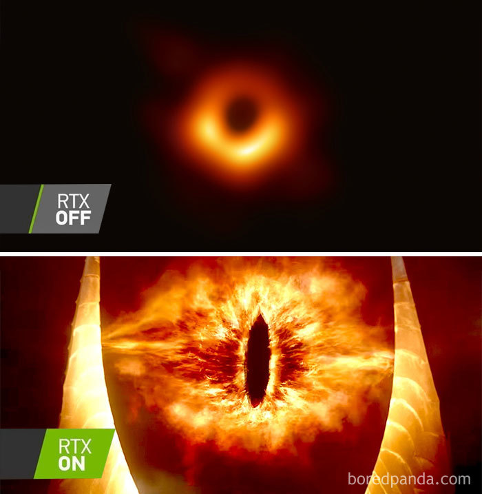 "Comparison of first black hole image and a humorous 'enhanced' version resembling a fiery eye."