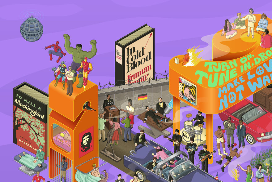 I Draw Illustrations With Symbols Of The 20s, 40s And 60s To Express My Love For Pop-Culture And History