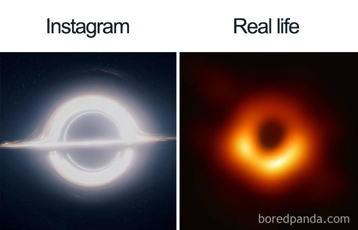 Funny comparison of black hole image: a sleek "Instagram" version vs. the real-life blurry photo.