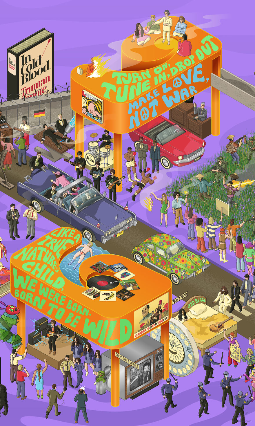 I Draw Illustrations With Symbols Of The 20s, 40s And 60s To Express My Love For Pop-Culture And History I Draw Illustrations With Symbols Of The 20s, 40s And 60s To Express My Love For Pop-Culture And History