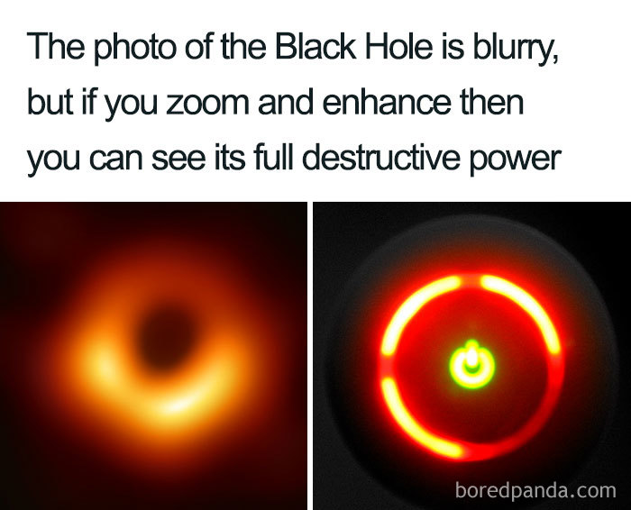 Funny reaction to black hole image with a blurred cosmic photo next to a glowing power button symbol.
