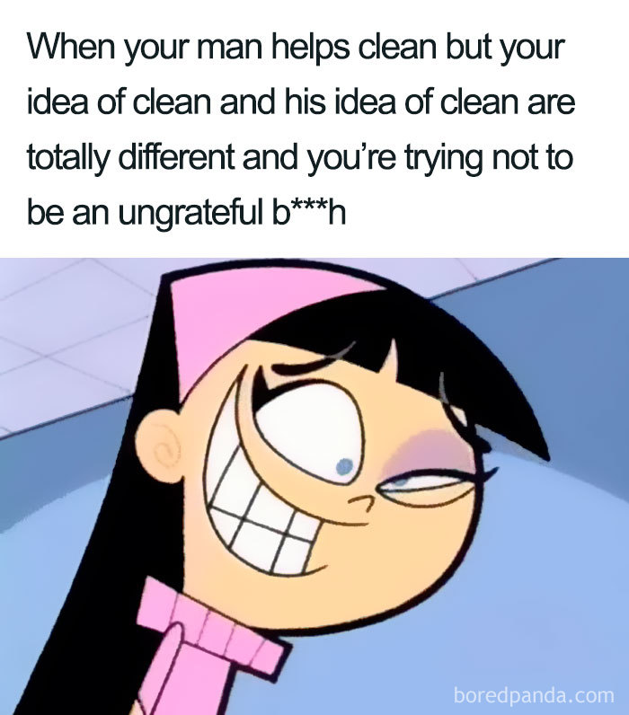 Cartoon character with a knowing grin, humorous cleaning meme about differing ideas of clean.