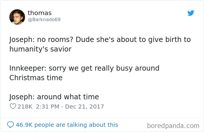 Funny Christian meme about Joseph seeking a room during Christmas, highlighting humorous dialogue with an innkeeper.