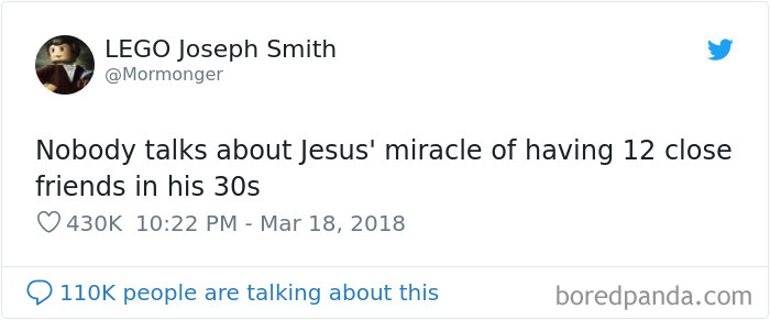 Christian meme about Jesus' miracle of having 12 close friends in his 30s, with tweet interaction metrics displayed.