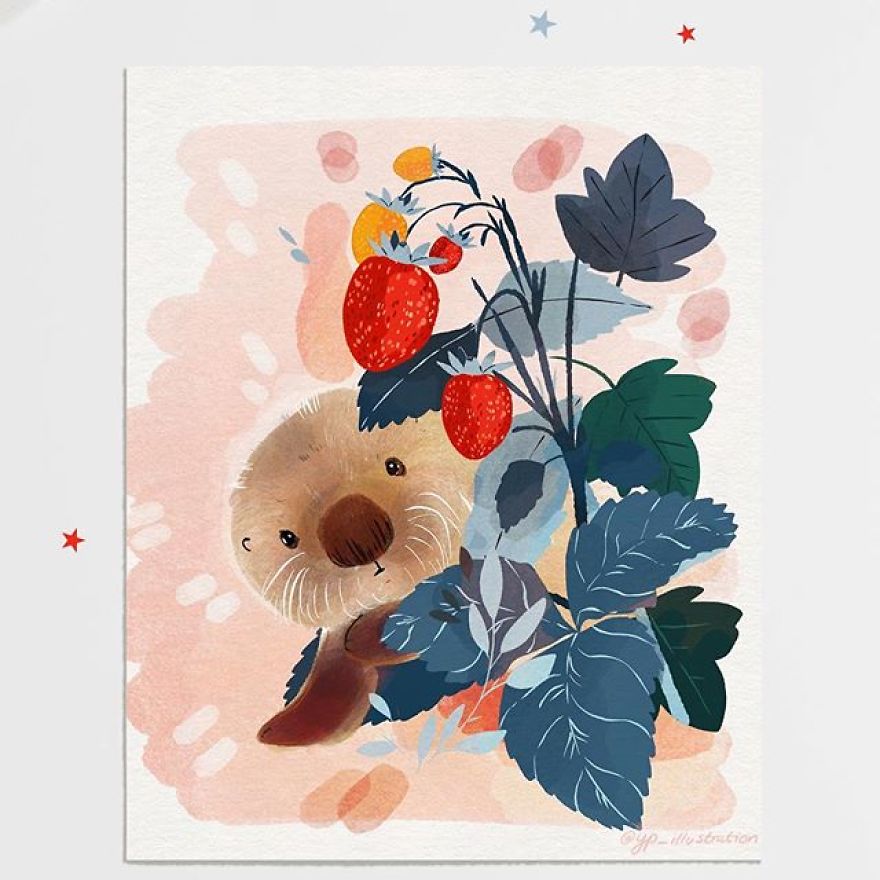 Baby Otter Hiding Behind Strawberries