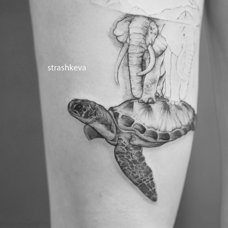 Tattoo of a turtle with elephants on its back by a skilled Lublin artist in Poland.