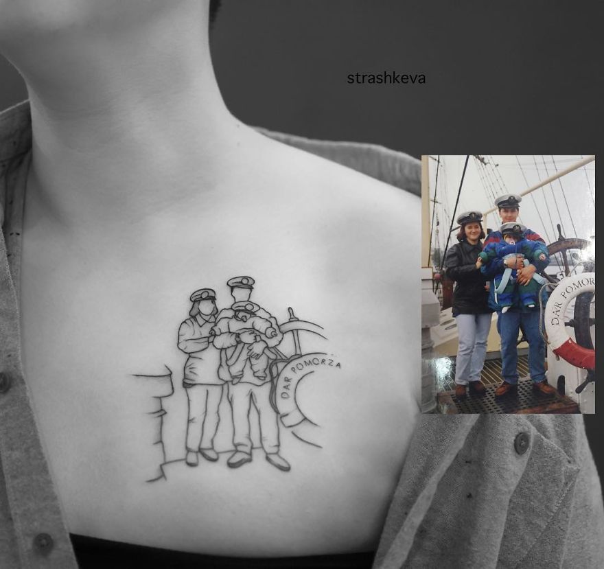 Tattoo artwork by a Lublin artist on chest, depicting a family photo with nautical theme.