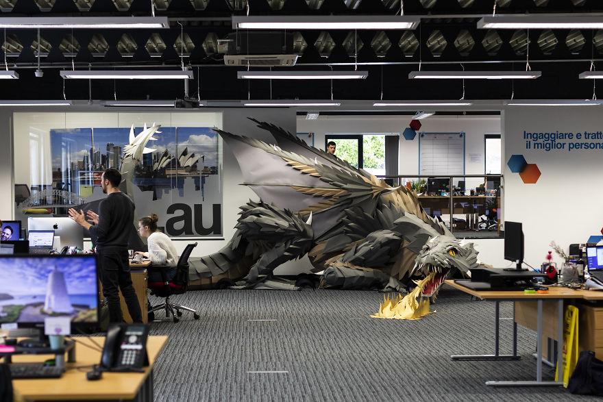 On Monday Morning, We Arrived At Work To Find A Fire-Breathing Dragon Built With 1200 Paper Sheets On Monday Morning, We Arrived At Work To Find A Fire-Breathing Dragon Built With 1200 Paper Sheets