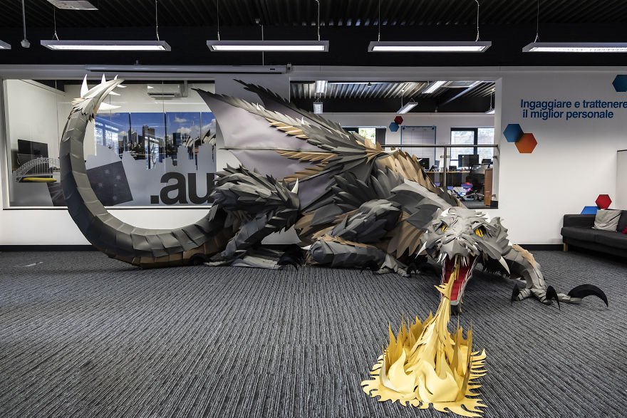 On Monday Morning, We Arrived At Work To Find A Fire-Breathing Dragon Built With 1200 Paper Sheets On Monday Morning, We Arrived At Work To Find A Fire-Breathing Dragon Built With 1200 Paper Sheets