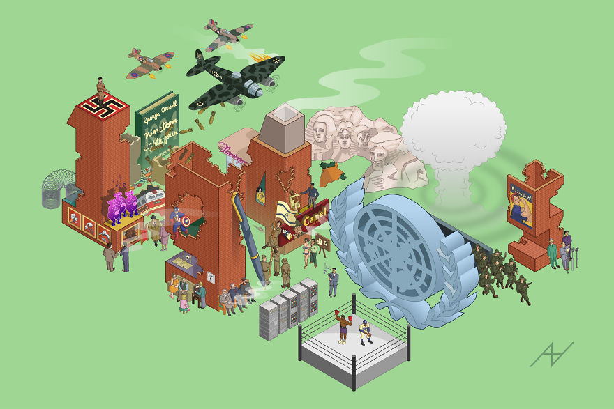 I Draw Illustrations With Symbols Of The 20s, 40s And 60s To Express My Love For Pop-Culture And History I Draw Illustrations With Symbols Of The 20s, 40s And 60s To Express My Love For Pop-Culture And History