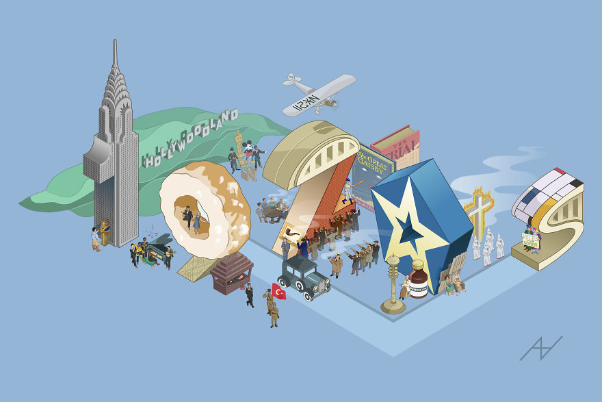 I Draw Illustrations With Symbols Of The 20s, 40s And 60s To Express My Love For Pop-Culture And History