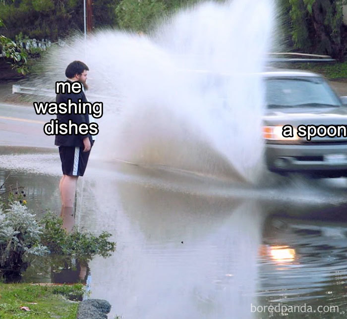 Person splashed by a truck labeled "a spoon," representing a cleaning meme.