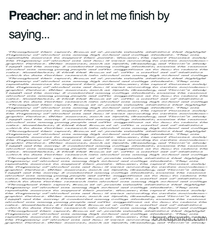 Funny Christian meme showing a preacher's lengthy message with a humorous exaggeration.