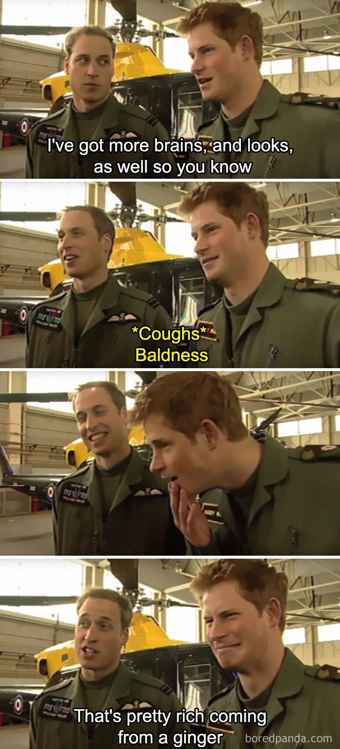 Two brothers in military uniforms joking about looks and baldness, capturing a humorous sibling moment.