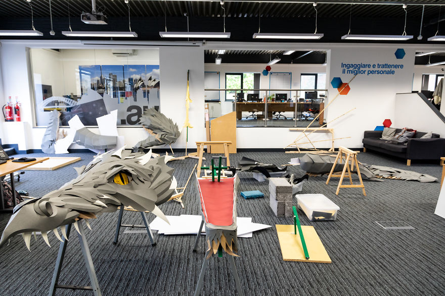 On Monday Morning, We Arrived At Work To Find A Fire-Breathing Dragon Built With 1200 Paper Sheets On Monday Morning, We Arrived At Work To Find A Fire-Breathing Dragon Built With 1200 Paper Sheets