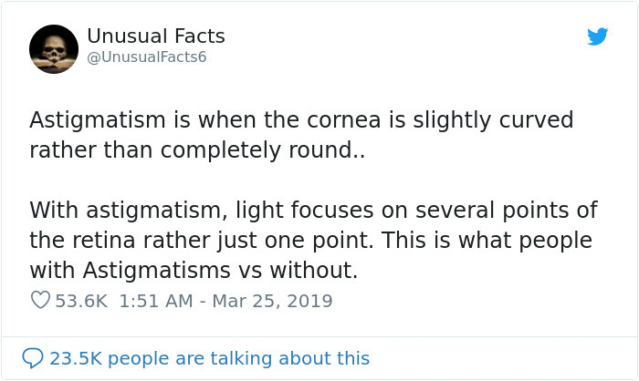 Tweet explaining astigmatism vs. normal sight with over 23.5K comments. Tweet explaining astigmatism vs. normal sight with over 23.5K comments.