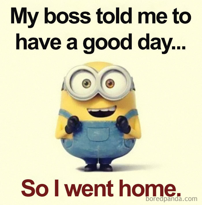 Minion meme with text: "My boss told me to have a good day... So I went home." Funniest boss meme.