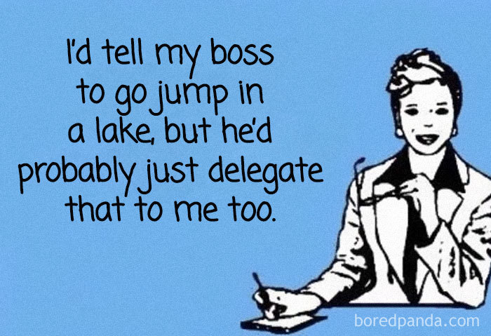 Funny boss meme with a retro illustration and the text about delegating tasks humorously.