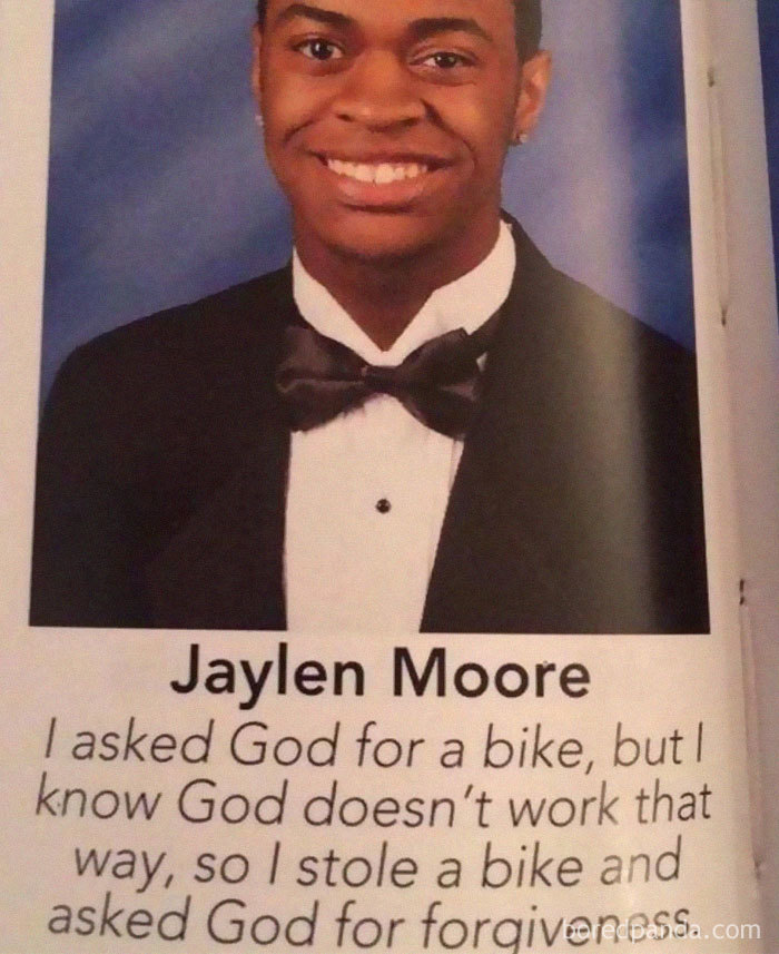 Young man in a tuxedo with a humorous Christian meme caption about asking for a bike and forgiveness.