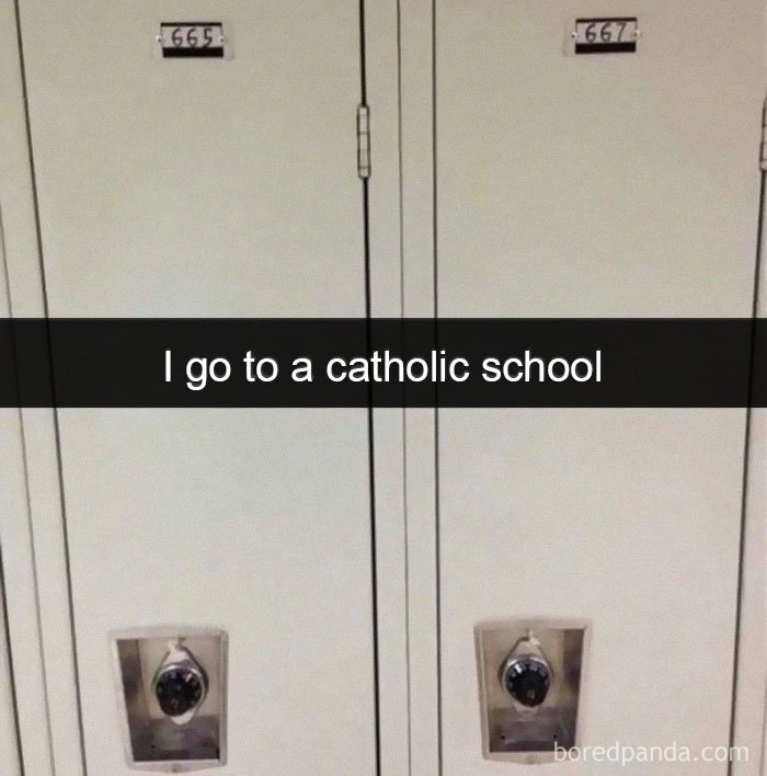 Lockers numbered 665 and 667 with text overlay about Catholic school; Christian meme humor.