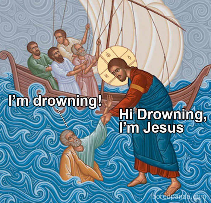 Christian meme depicting Jesus saving a drowning man in a humorous context.