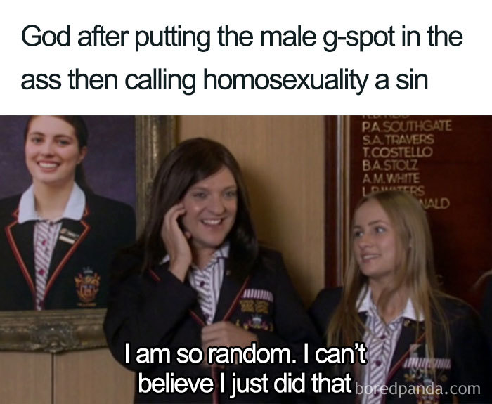 A funny Christian meme featuring two people in school uniforms with humorous text about sin and randomness.