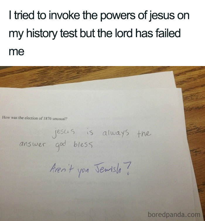 Funny Christian meme about using Jesus to answer a history test question.