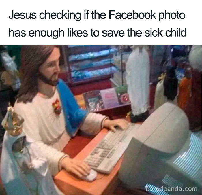 Jesus statue at a computer, humorously checking Facebook likes, illustrating a Christian meme.