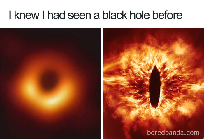 Funny reaction comparing black hole image to fictional eye in meme format.