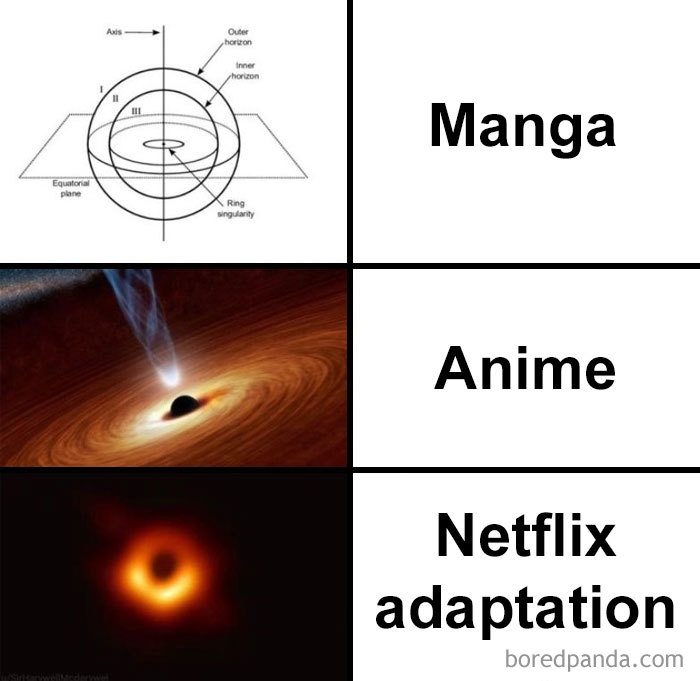 Meme comparing black hole image to different media styles: manga, anime, Netflix adaptation.