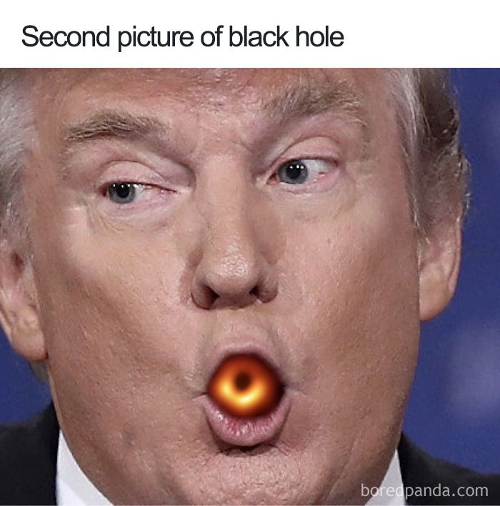 Person with edited image of black hole on mouth, humorous reaction.